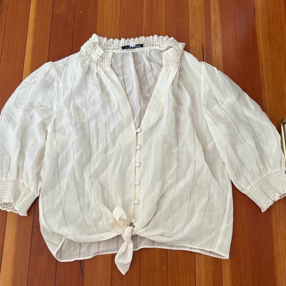 INTERMIX 100% Silk Tie Front Smocked Blouse Ivory Size P XS